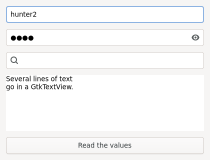 An entry, a password entry, a search entry and a text view