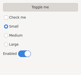 A toggle button, a check button, a radio group made of check buttons, and a switch